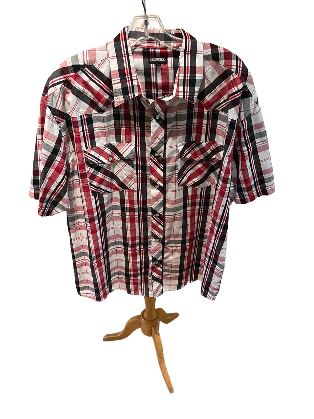 Gioberti Mens Pearl Snap Shirt Size XL Red Black White Plaid Short Sleeve XL